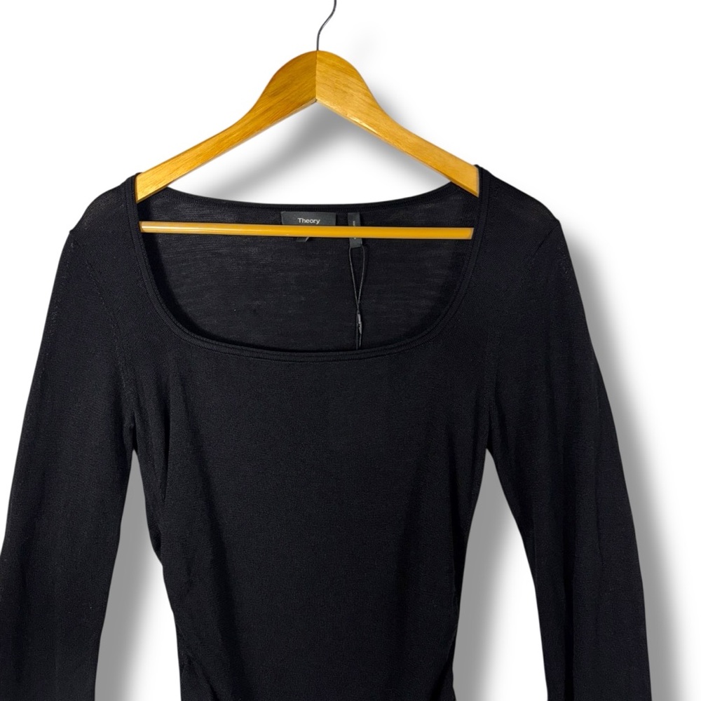 Theory Open Neck Shirred Wool Blend Sweater, Black, Size Medium - Picture 3 of 13